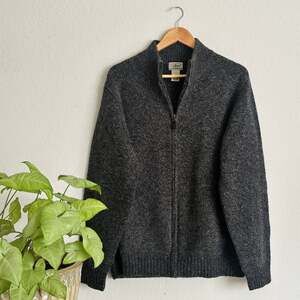Vintage L.L. Bean Full-Zip Lambswool Cardigan Sweater Plaid Flannel Lined Gray